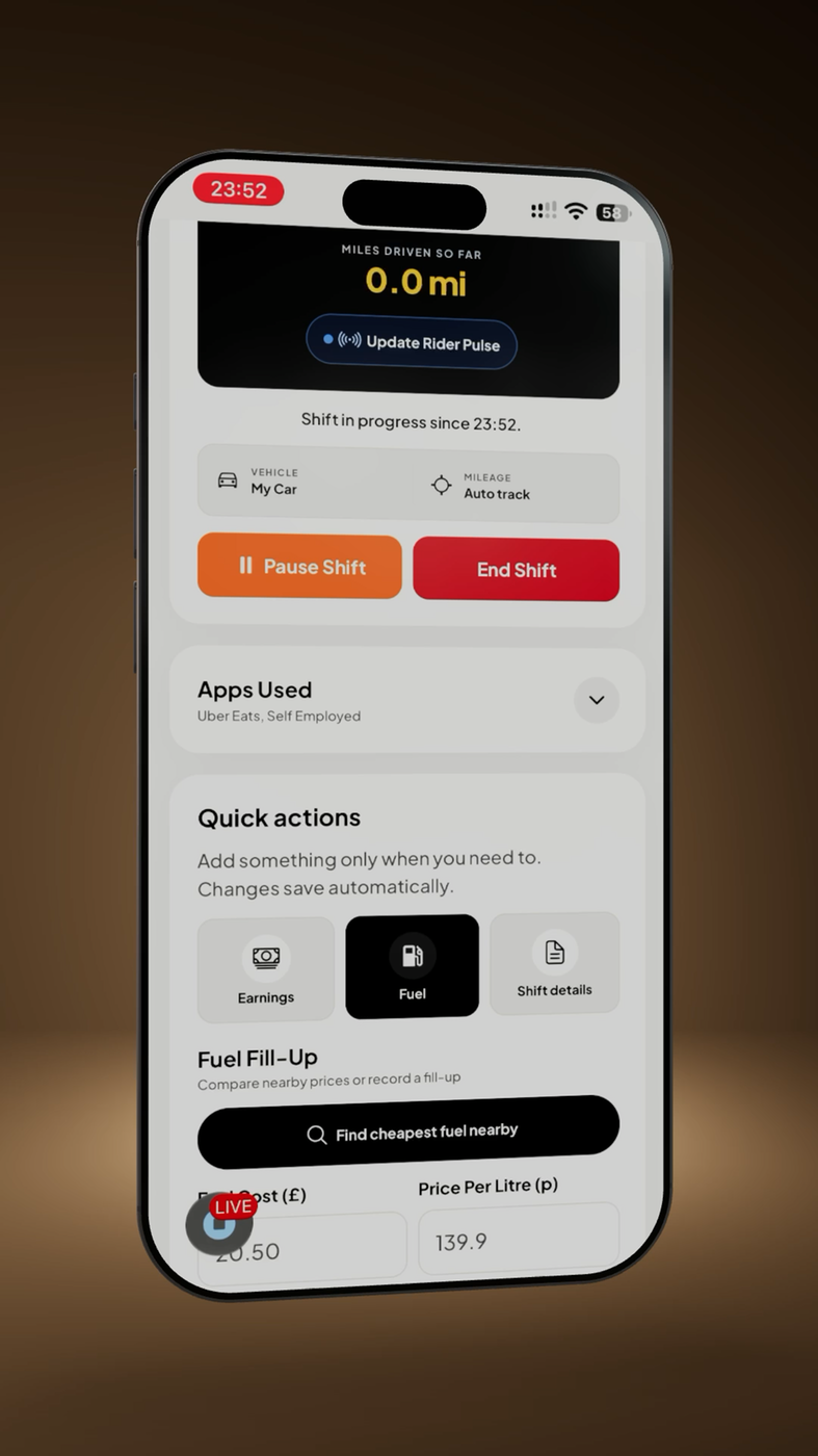 TaxBuddie app showing shift and mileage records